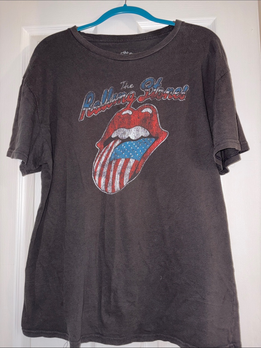 the Rolling Stones Charcoal Tee with Red, White & Blue Tongue Graphic